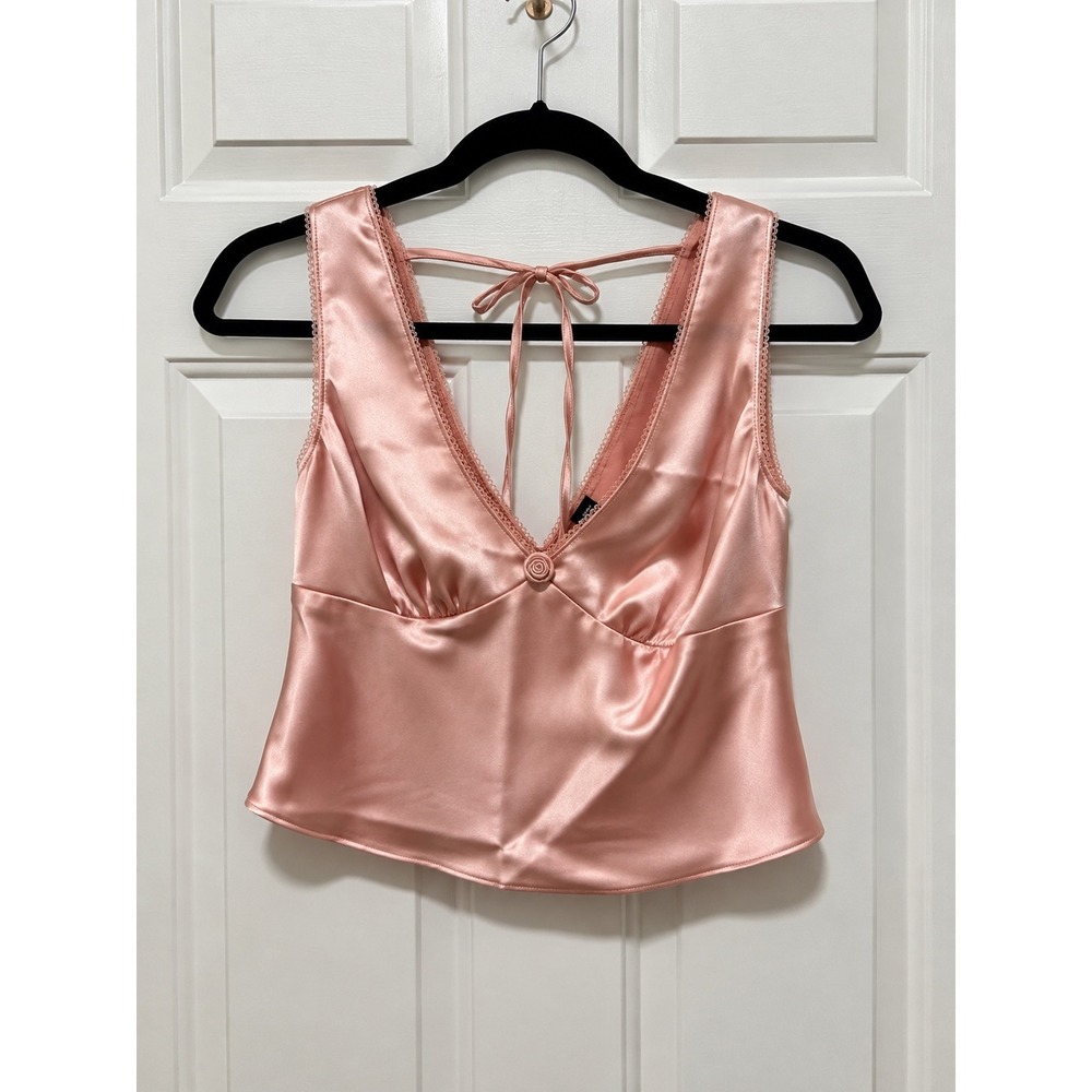 NWT Wild Fable Pink Satin Rosette Lace Trim Tie Back Cami Top XS Coquette